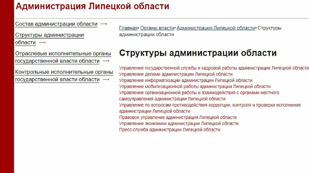 Органы управления липецкой области