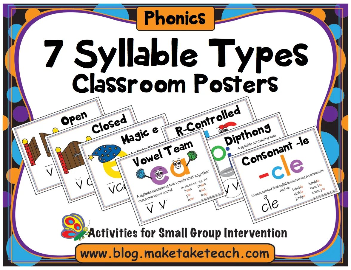Class typing type. Teaching phonics. 7 syllable types. syllable types posters. syllable activity.