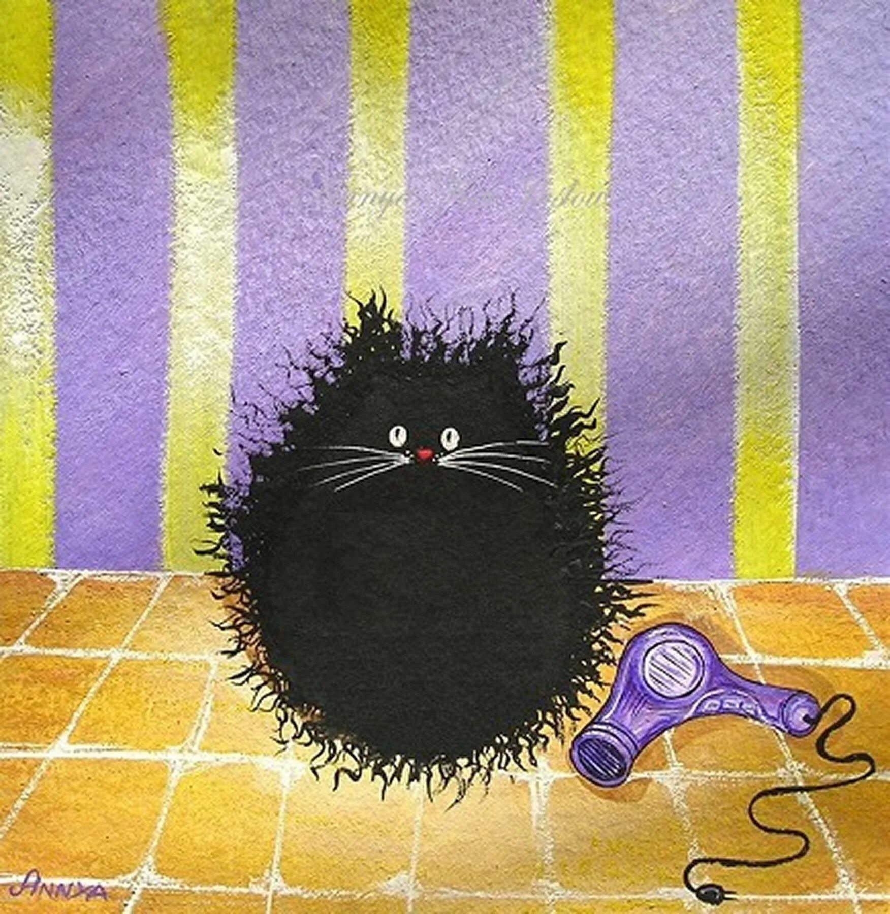 Сам себе сушит. Коты художницы Annya Djachiachvili. Кот после фена. Пушистый кот чёрный после фена.