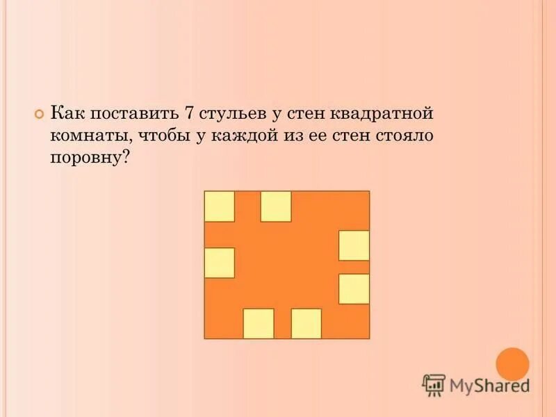 7 стульев у 4 стен поровну. Как поставить 3 стула у 4 стен. Как поставить 4 стула у 4 стен комнаты чтобы у каждой стены стояло по 2. Как поставить 7 стульев у стен квадратной комнаты. Расставьте 10 стульев в квадратной комнате.