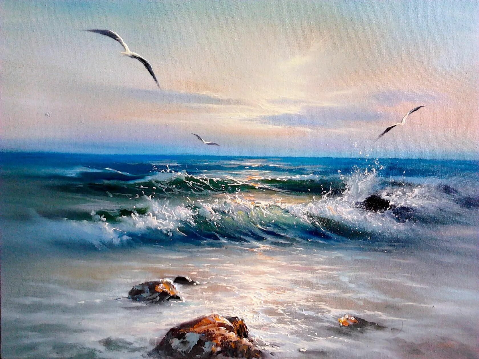 Волны и чайки над морем. Морской пейзаж. Картины с изображением моря.