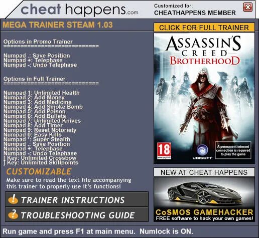 Assassin creed trainer. Ассасин крид 3 trainer 1.05. трейнеры для ассасин братство крови. читы на ассасин крид бразерхуд. пароль ассасин крид братство крови.