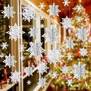 Pcs Christmas Hanging Snowflake Decorations 12 pcs 3D Large Silver Snowflak...