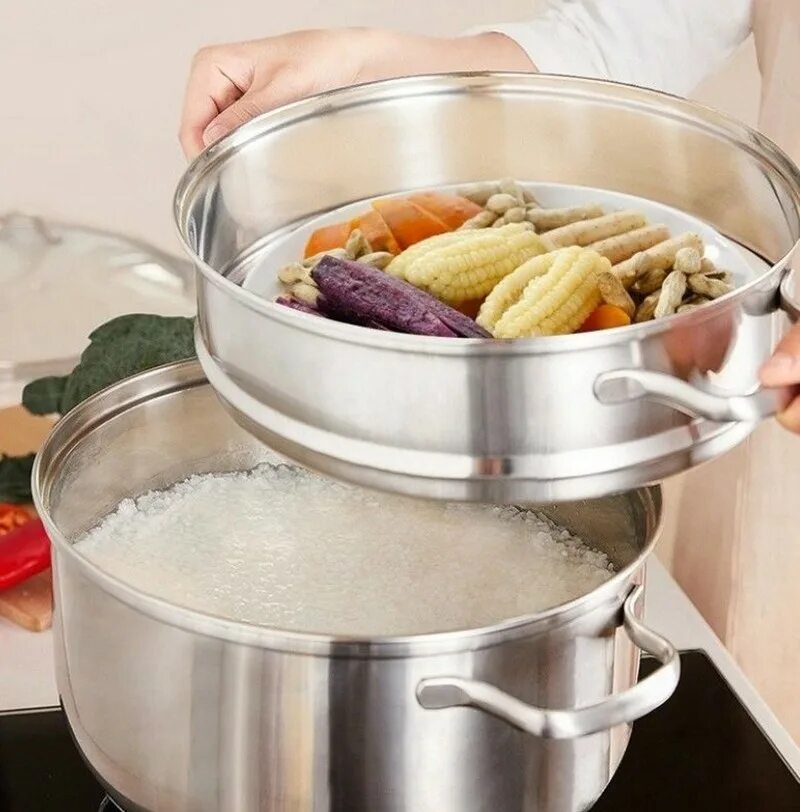Кастрюля быстрого приготовления. Кастрюля-пароварка xiaomi steamer stainless steel. трехуровневая кастрюля-пароварка xiaomi. пароварка сяоми. трёх уровневая кастрюля пароварка xiaomi.
