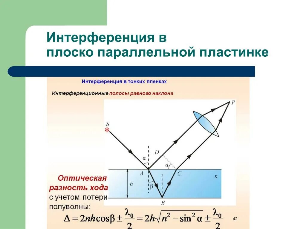 Интерференция в тонких плёнках, пластинах. Оптическая разность хода для интерференции отраженных лучей. Интерференции при отражении света от плоскопараллельной пластины. Интерференция в тонких пленках. Разности хода световых лучей