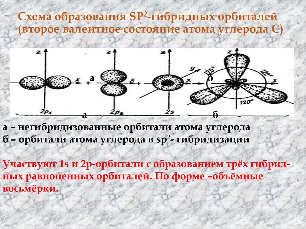 Схема образования sp2 гибридных орбиталей. Образование sp2 гибридизации углерода. Схема СП гибридных орбиталей углерода. Sp2 гибридные орбитали углерода. Образование гибридов