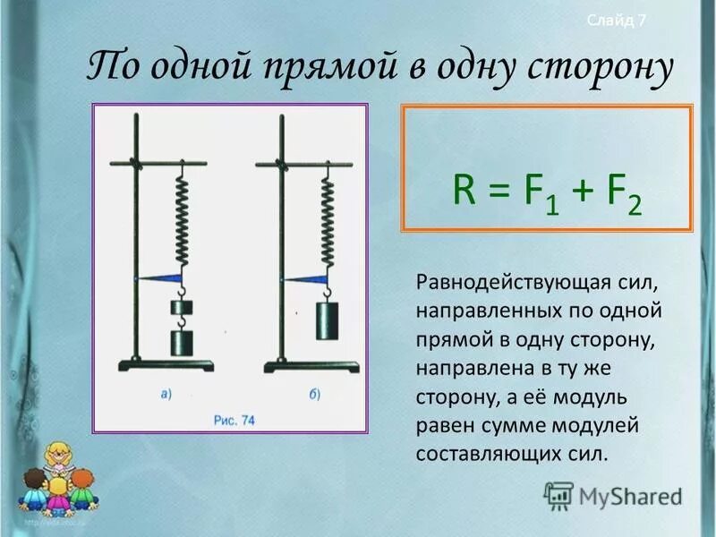 Графическое изображение силы сложение сил. Силы по физике 7 класс. Задача на равнодействующую. Равнодействующая сила 7 класс физика.