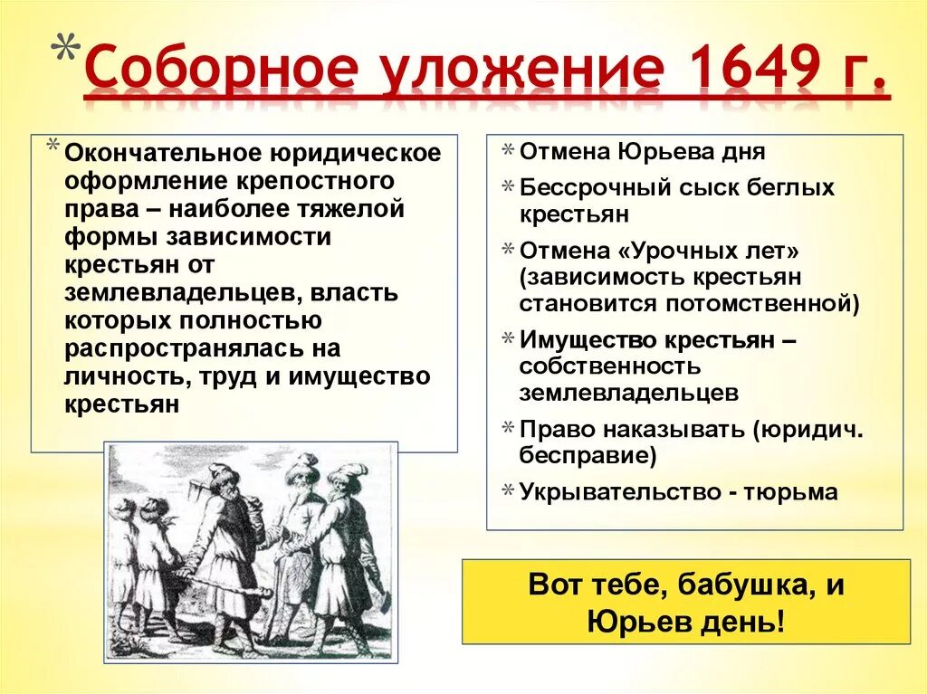 На какие территории распространялось крепостное право. Соборное уложение 1649г имена. Соборное уложение 1649 дворяне. Соборное уложение 1649 крестьяне. «Соборное уложение» 1649 года отменило:.