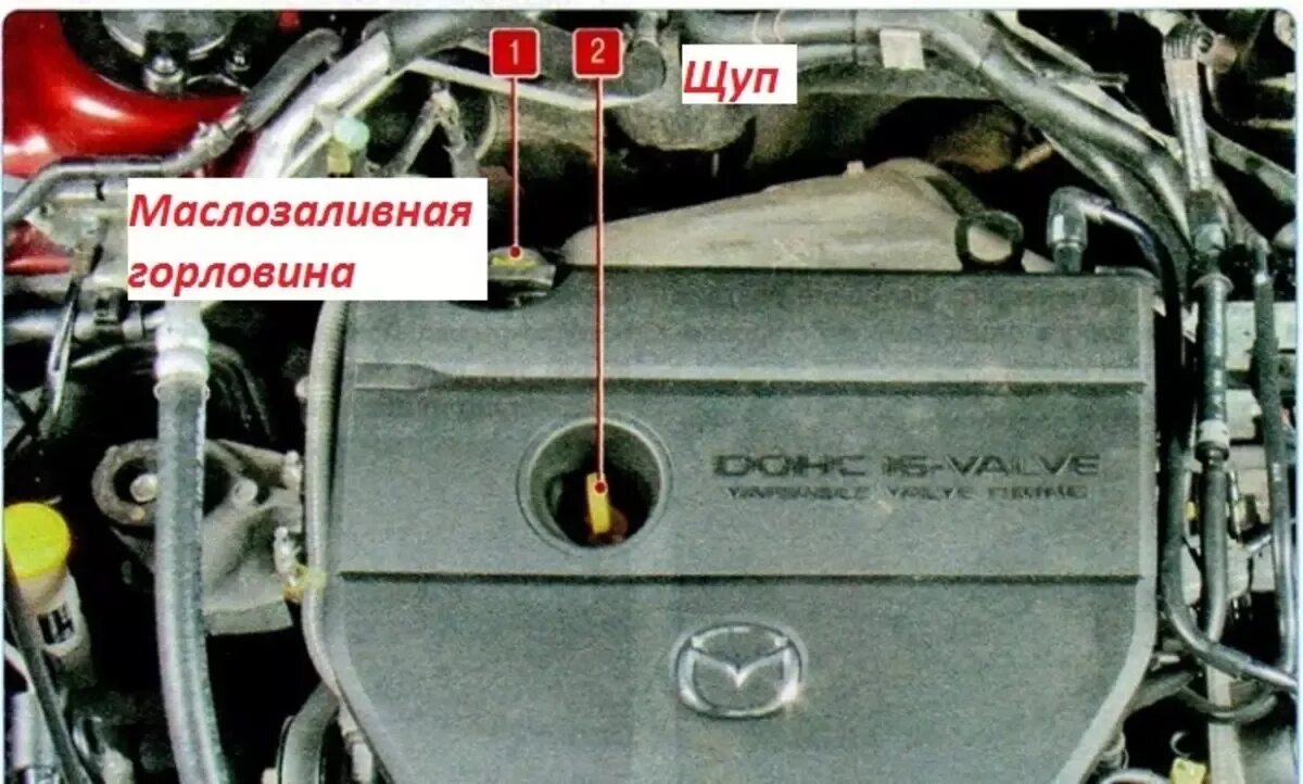 Как проверить масло на горячем двигателе. Мазда 2 щуп ДВС. Мазда 626 щуп масла. Мазда 6 щуп в ГБЦ. Расположение щупа масла в двигателе.