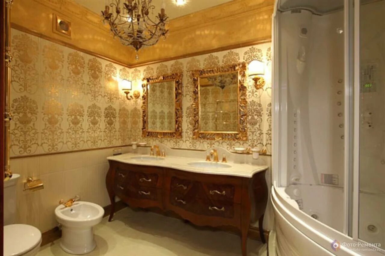 Ванная комната в стиле Барокко. Ванная в золотистых тонах. Ванная комната в золотом стиле. Ванная в королевском стиле. Золота ванна комната