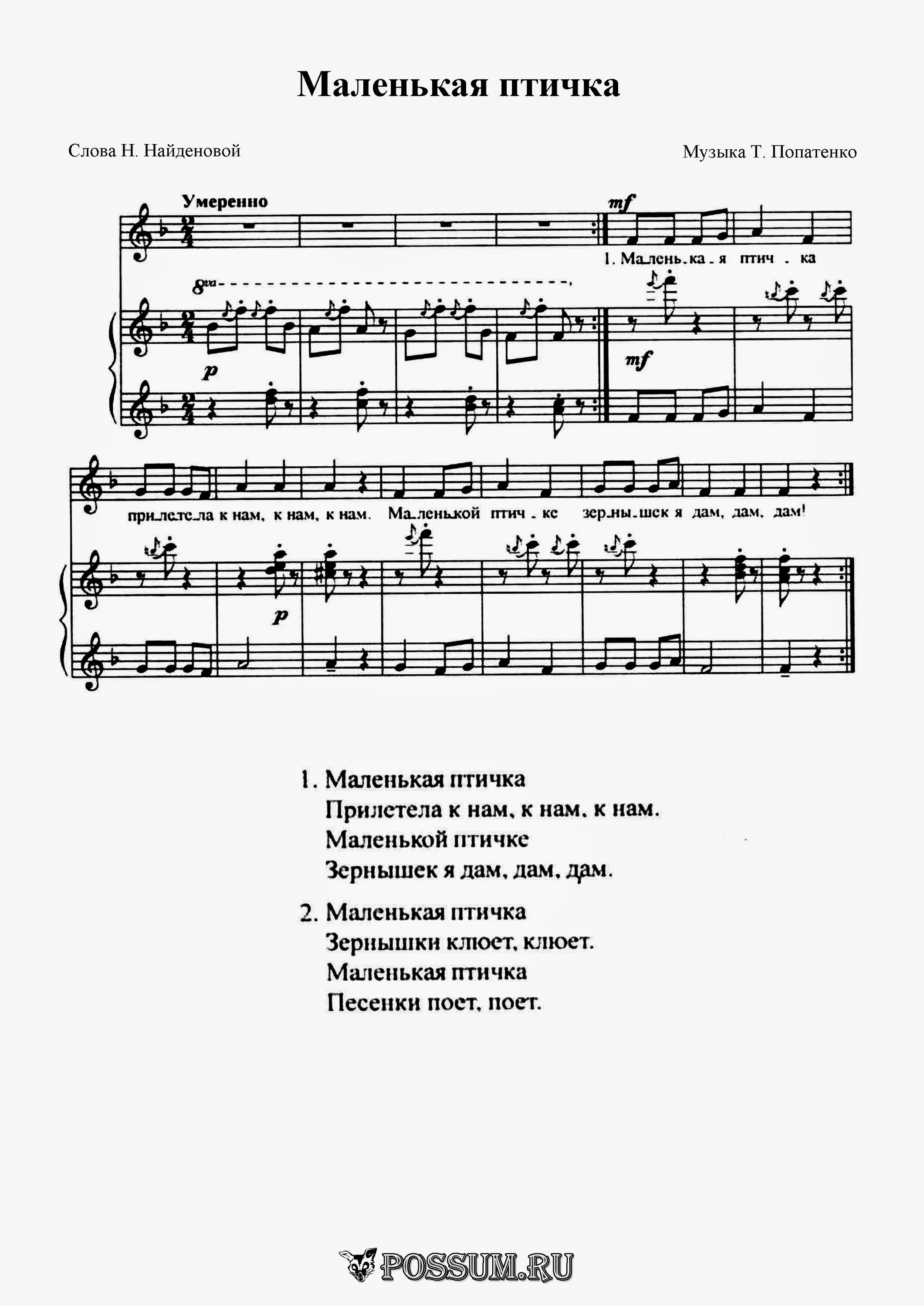 Птички летят бомбить текст. Попатенко птички. Птичка Попатенко Ноты. Песенки для детей Ноты. Маленькая птичка прилетела к нам Ноты.