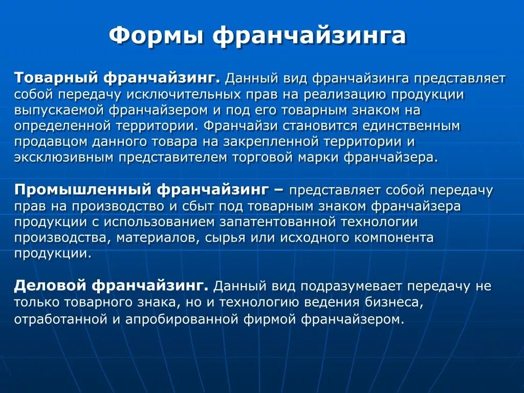 Виды франчайзинга. Формы франчайзинга. Товарный франчайзинг примеры. Виды франчайзинга товарный.