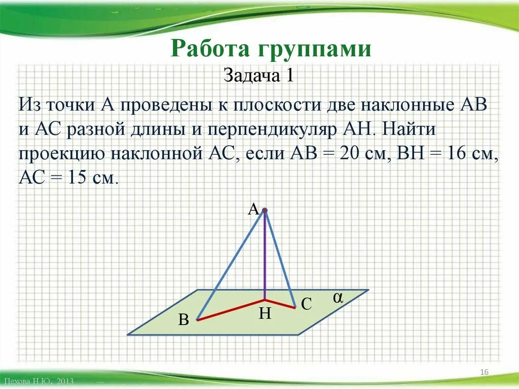 Из точки м к плоскости альфа. Наклонная и проекция наклонной задачи. К плоскости проведены перпендикуляр и две наклонные. Перпендикуляр и наклонные задачи. Что такое Наклонная проведенная из точки на плоскость.