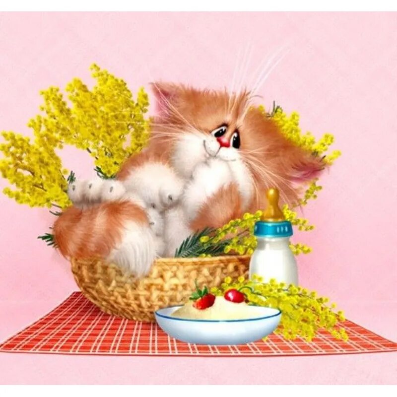 Кот ест мимозу. Коты художника Алексея Долотова.
