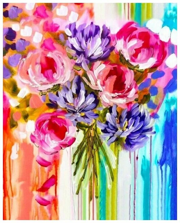 Букет красками. Букет красками. Букет красками. Цветы акрилом на холсте. Яркие цветы акрилом.
