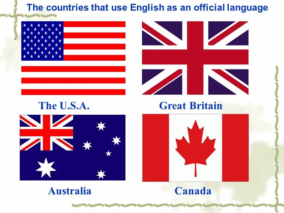 Around на английском. Canada Australia great Britain. What is the Official language in great Britain. The Official language is English.. England Official language.
