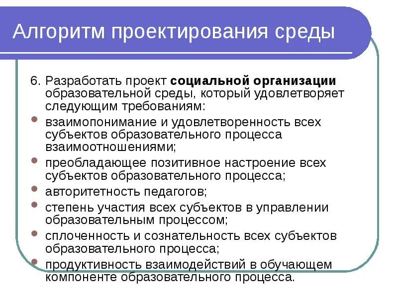 Условия проектирования среды. Алгоритм проектирования проекта. Алгоритм проектирования образовательного процесса. Алгоритм проектирования предприятия. Факторы, влияющие на проектирование образовательной среды..