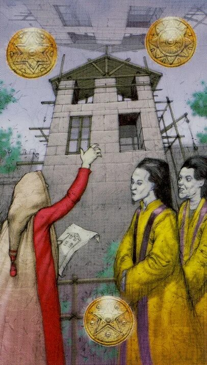 Тройка пентаклей значение в любви. 3 пентаклей уэйт. 3 пентаклей таро. карта 3 пентаклей таро уэйта. тройка пентаклей таро.