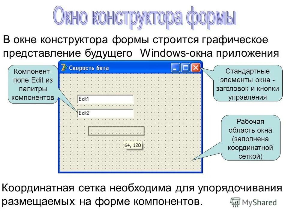 Окно конструктора формы form. Рабочая область DELPHI. Конструктор форм Информатика. Окно конструктора форм области конструктора формы.