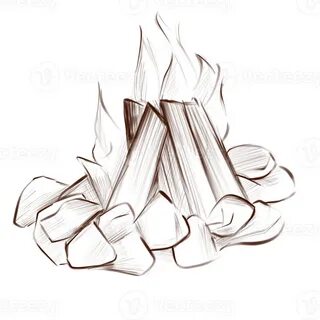 Rough hatching vintage drawing of the burning firewood. Simple flat brown freeha