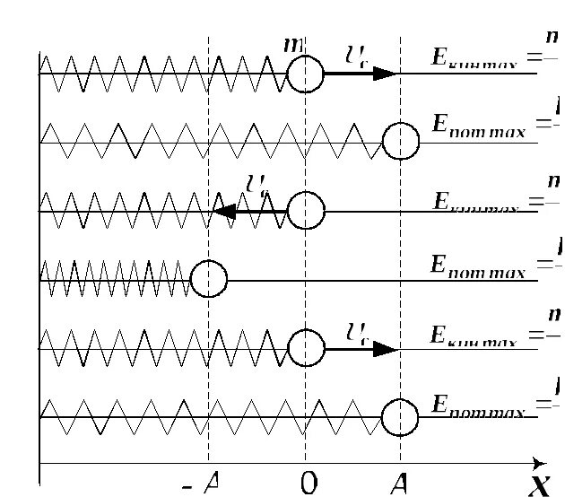 Кинетическая энергия груза максимально в положении. Превращение энергии при колебаниях пружинного мая. Превращение энергии при колебаниях пружинного маятника. Потенциальная и кинетическая энергия пружинного маятника. Изменение кинетической энергии в пружинном маятнике.