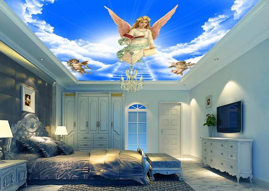потолок с фотопечатью в спальню. фреска на потолок. ангел ремонт. ангелочек с крыльями. ангел ремонт.