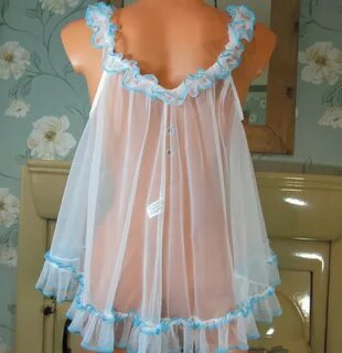 Vintage white blue soft sissy frilly sheer chiffon babydoll nightie gown M/...