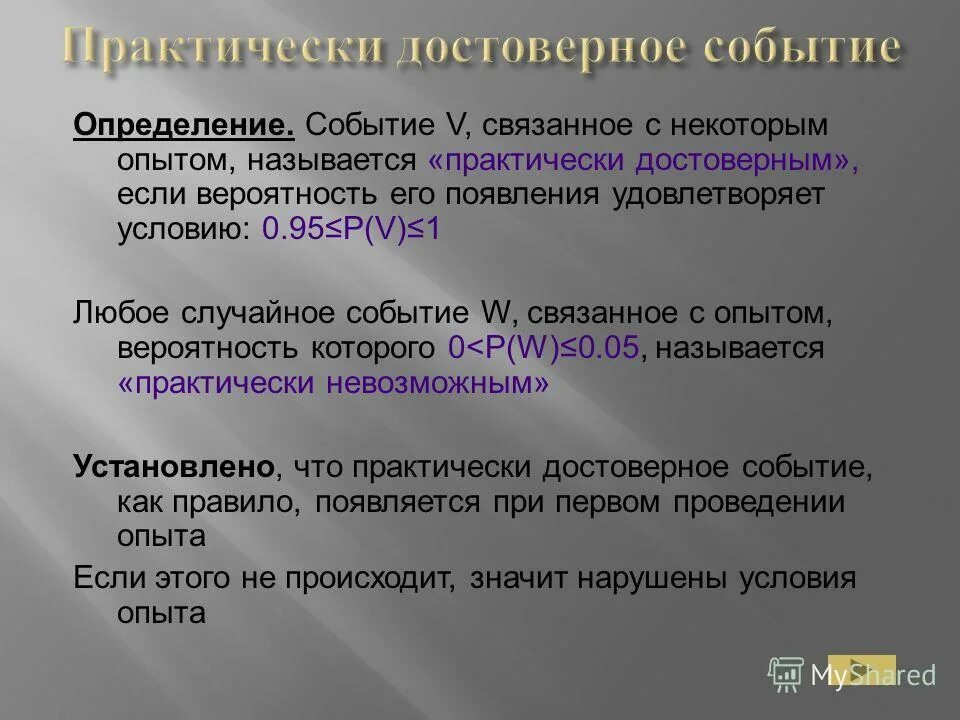 Какие события называют достоверными. Практически достоверное событие. Определение невозможного события. Актуальность теории вероятности. Событие.