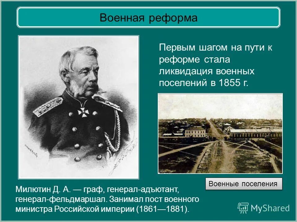 Д А Милютин Военная реформа. Военная реформа Дмитрия Милютина 1862 - 1874.