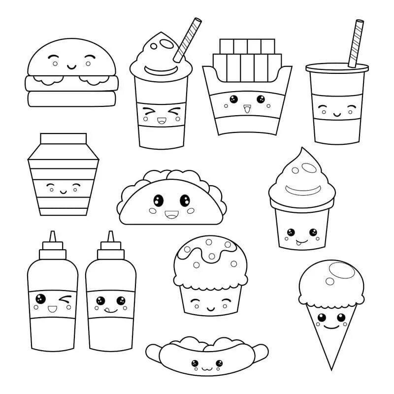 Картинки еды распечатать. Раскраска Каваи еда фаст фуд. Раскраски милые еда. Рисунки для срисовки еда. Раскраска маленькая еда.