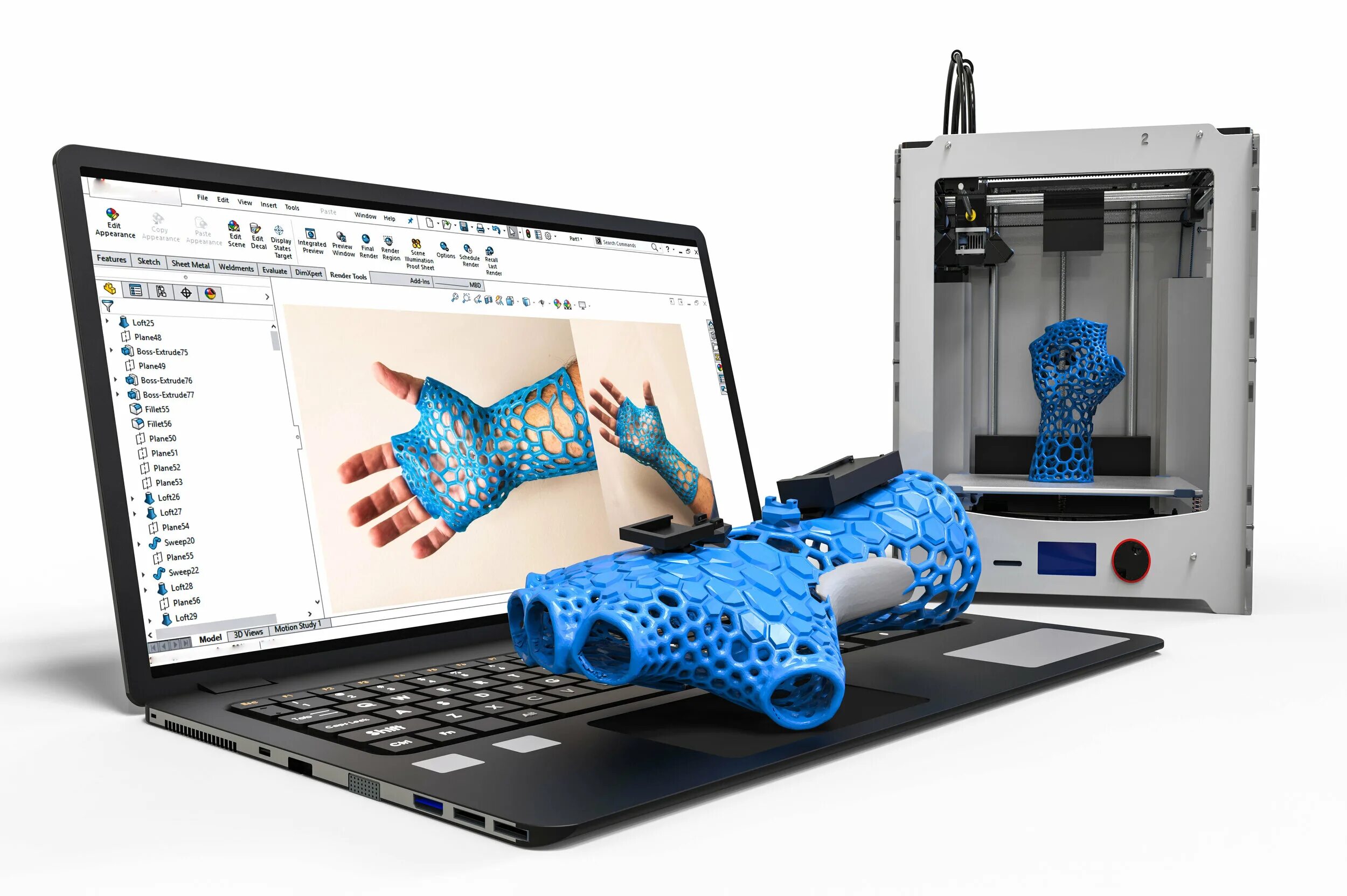 Моделирование и прототипирование. 3d печать инновации. компьютерное 3d-моделирование и основы 3d-печати. модель на компьютере и напечатанная на 3д принтере. 3d принтинг модель.