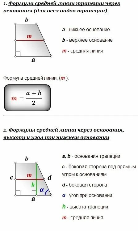 Формула длины средней линии трапеции. Средняя линия прямоугольной трапеции формула. Формула средней линии трапеции формула. Формула средней линии трапеции через боковые стороны. Формула средней линии равнобедренной трапеции через высоту.