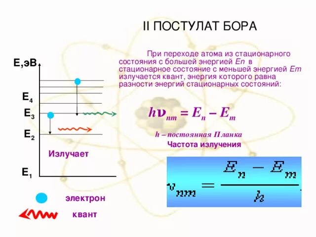 Постулаты Бора. Стационарное состояние атома. Излучение и поглощение энергии атомом. Разность уровней энергии.