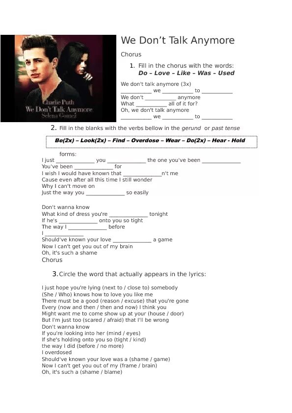 Song Lyrics Worksheets. We talk anymore текст. We don't talk anymore Lyrics. Don't we перевод. Anymore перевод на русский