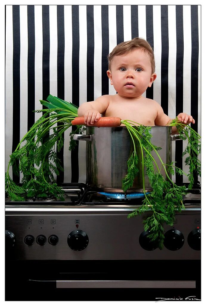 Cooking babies. Baby Cooking. Baby in the Kitchen Photography. Baby in a Basslinet. Baby in a cabidge.