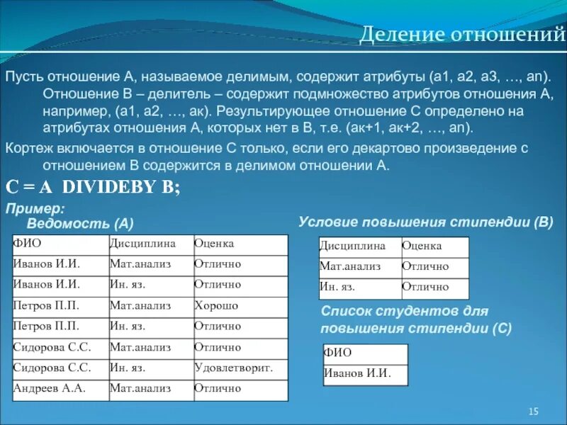 Деление отношений в БД. Деление отношений базы данных. Операция деления в реляционной алгебре. Деление примеры базы данных. Отношение а и б показывает