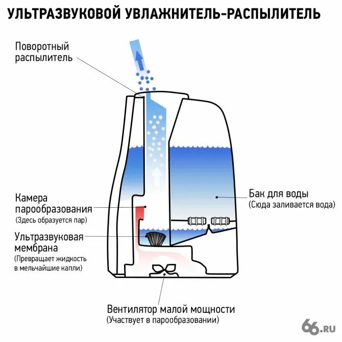 Сколько воды увлажнителя. Схема работы ультразвукового увлажнителя. Строение ультразвукового увлажнителя. Принцип работы ультразвукового увлажнителя воздуха.