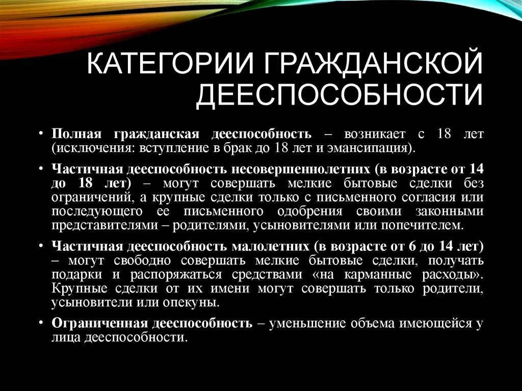 Полная дееспособность брак. Гражданская дееспособность возникает в полном объеме. Категории дееспособности. Полная дееспособность возникает. Категории гражданской дееспособности.