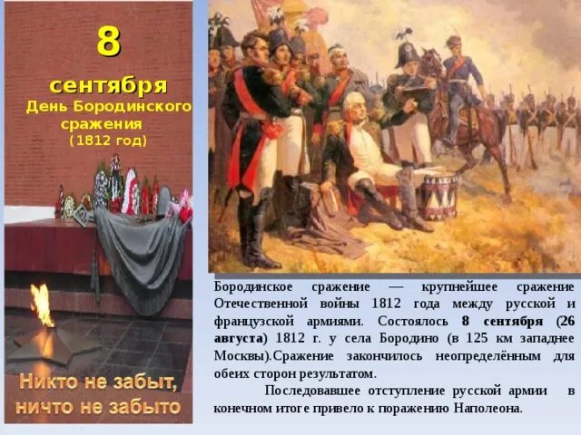 8 сентября 1812 событие. День воинской славы России Бородинское сражение 1812. 8 Сентября день воинской славы России Бородинское сражение. 8 Сентября 1812 года день Бородинского сражения. День Бородинского сражения день воинской славы.