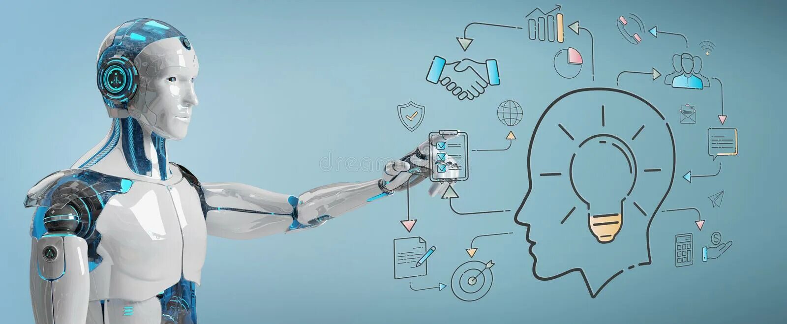 Разработка искусственного интеллекта. Искусственный интеллект голограмма. Написание искусственного интеллекта. Робот и человек на белом фоне.