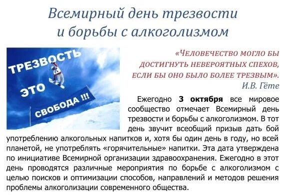День трезвости. День борьбы с пьянством. Всемирный день борьбы с алкоголизмом. Всемирный день трезвости. День борьбы с алкоголизмом.
