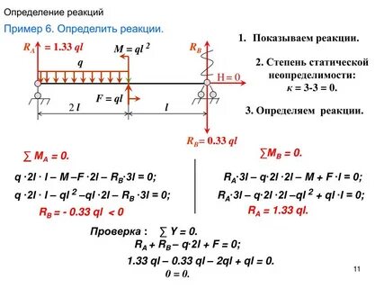 Определим опорные реакции балки