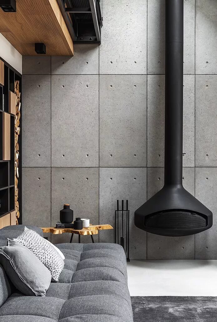 Панели под бетон в стиле лофт House at the Lake by Igor Sirotov Architect HomeAdore Minimalistische woonkamer,