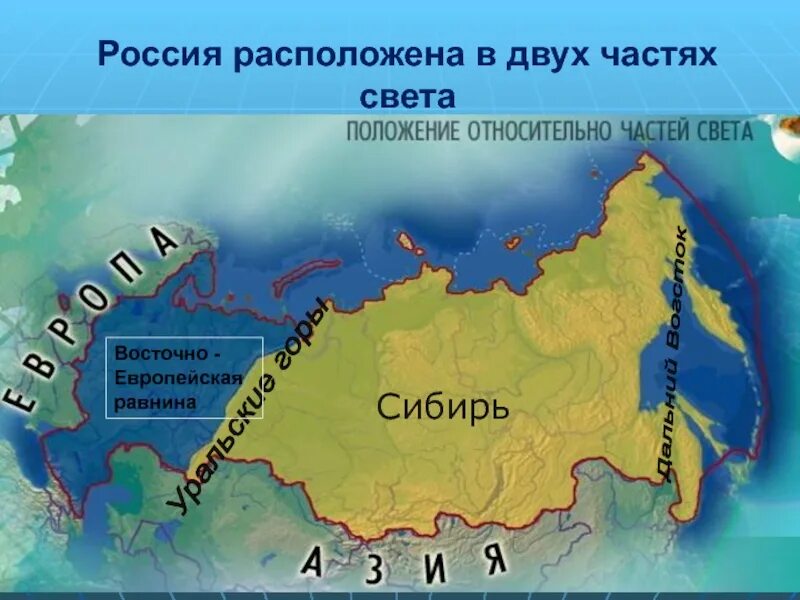 Установите как расположена страна по отношению. Части света России. Россия расположена в двух частях света. Карта России с частями света. Расположение России на материке.