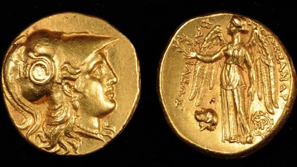 Древнейшая золотая монета 5 букв. Статер монеты древней Греции. Золотая монета с Александром Македонским.