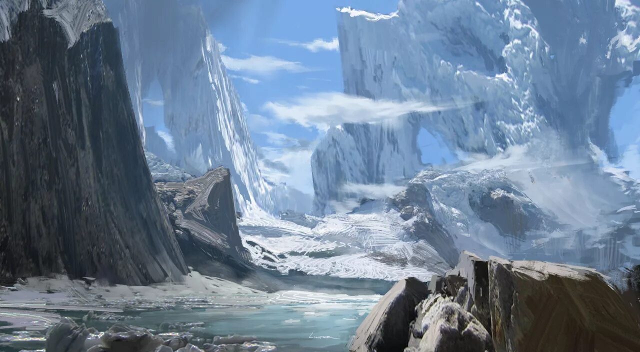 Ice fields. Зимний пейзаж фэнтези. environment concept art ice. ice field. titus lunter wrath of god art.