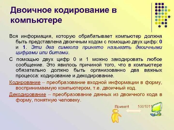 Представление информации с помощью с с. Кодирование информации в компьютере. двоичное кодирование. представление и кодирование информации в компьютере. двоичное кодирование в компьютере.