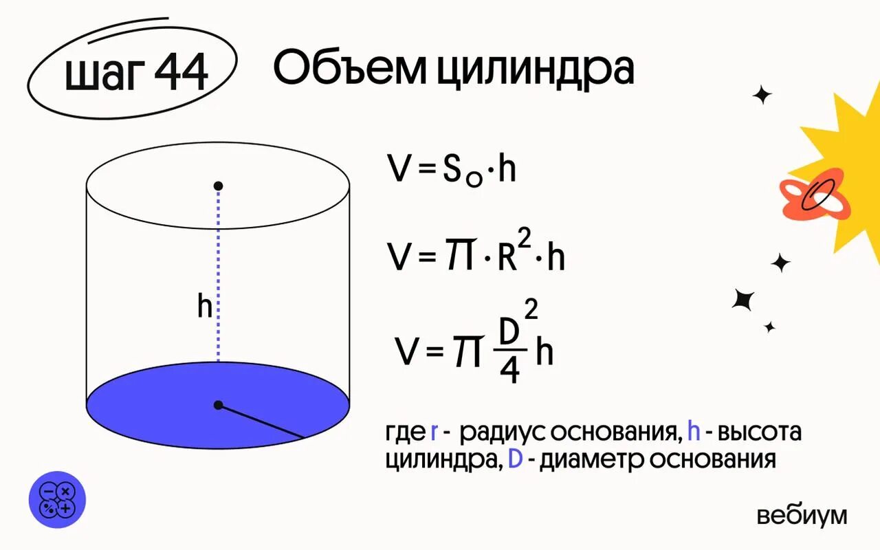 Какой объем цилиндра формула. Объем цилиндра в м3. Объем цилиндра диаметром 150мм. Площадь и объем цилиндра. Формула вычисления объема цилиндра.