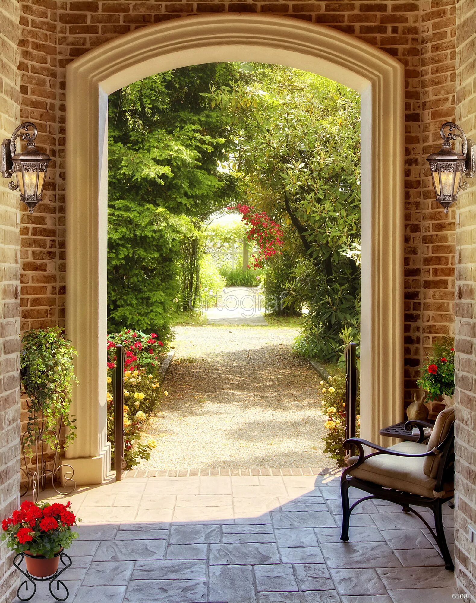 Солнечная арка. Арка в саду. Фотообои окно в сад. Каменная арка в саду. Окно с дверью на террасу.