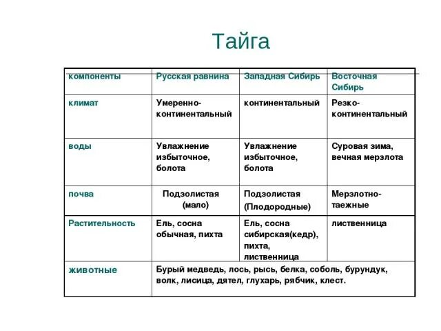 Таблица разнообразие лесов. Природная зона Тайга таблица. Тайга характеристика природной зоны таблица. Природные зоны России Тайга таблица. Смешанные леса природная зона таблица.